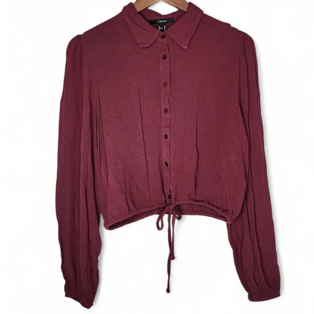 Forever 21 Crinkle Drawstring Waist Button Front Top in Maroon Size M